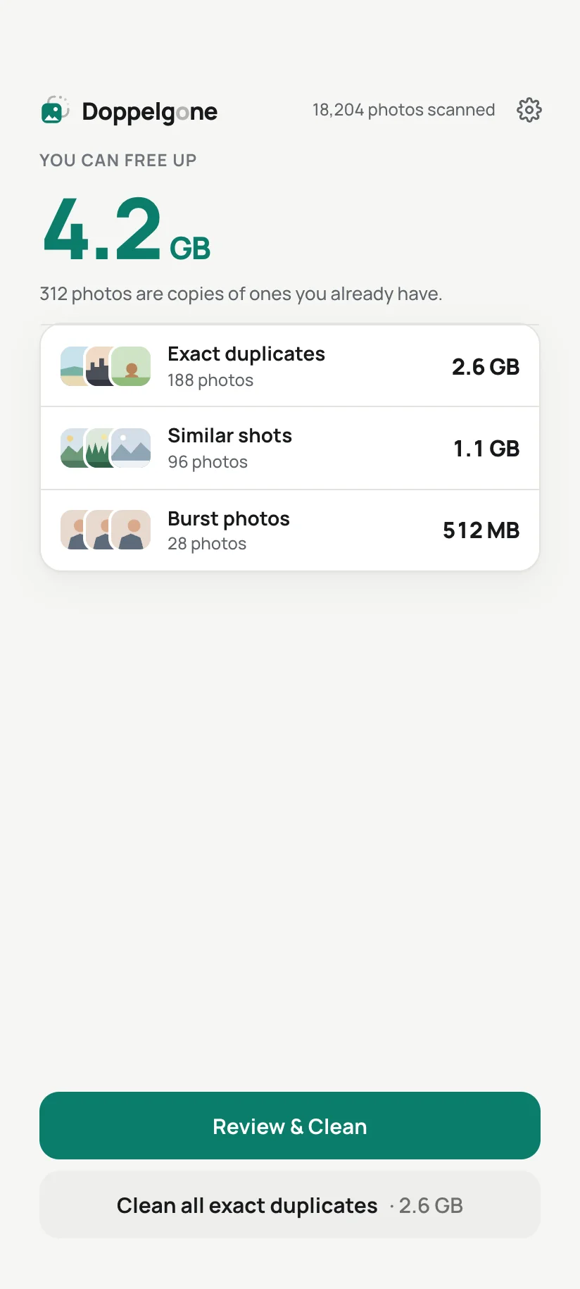 The Android app after a scan: the space you can free up