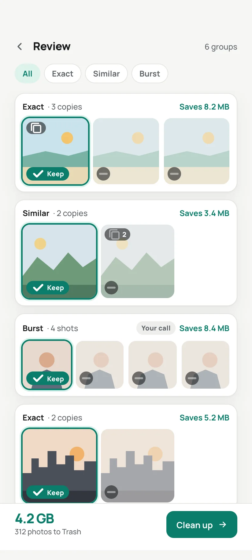 Review on Android: the kept photo of each set is marked Keep