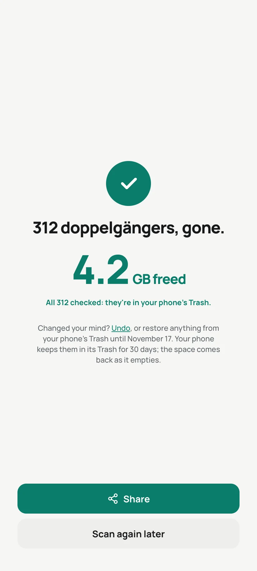 A finished clean-up on Android, with Undo