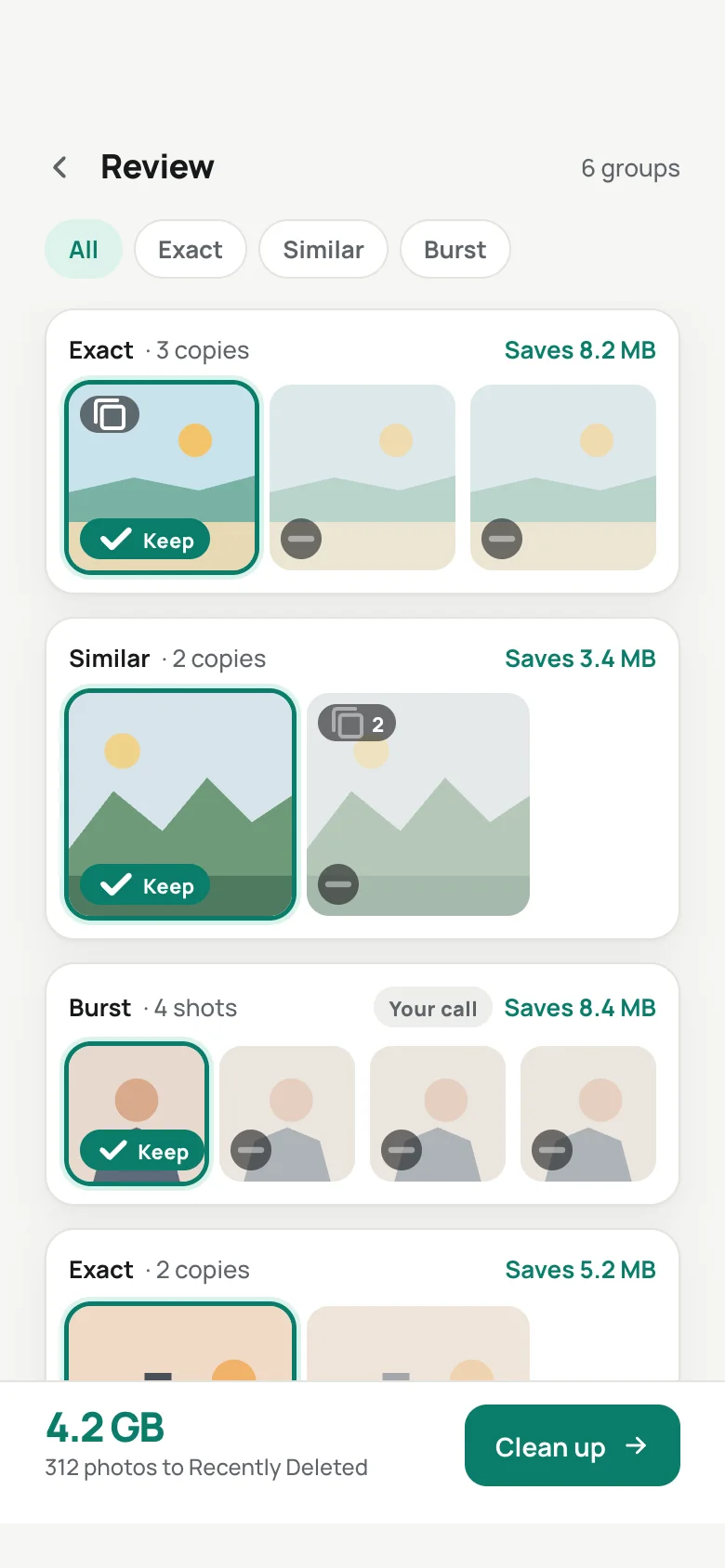Review on the iPhone: the kept photo of each set is marked Keep