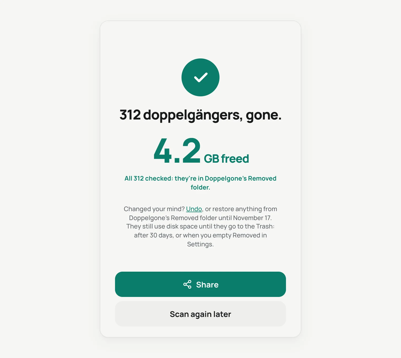 A finished clean-up in the Mac app